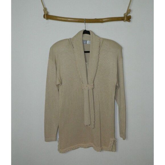 Marisa‎ Christina Collection Sweater Tunic Beige Oatmeal Pearl Trim Size Large - Picture 1 of 11